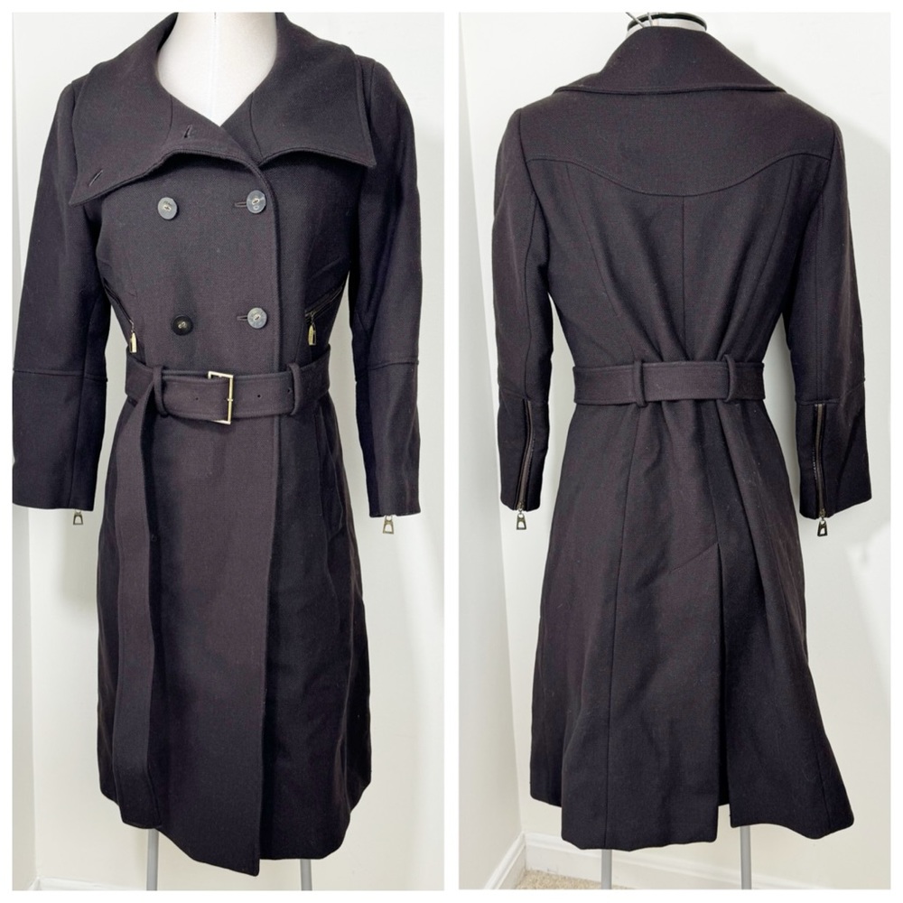 Cole Haan Wool Blend Trench Coat Jacket Size 10 in Dark Brown Double Breasted